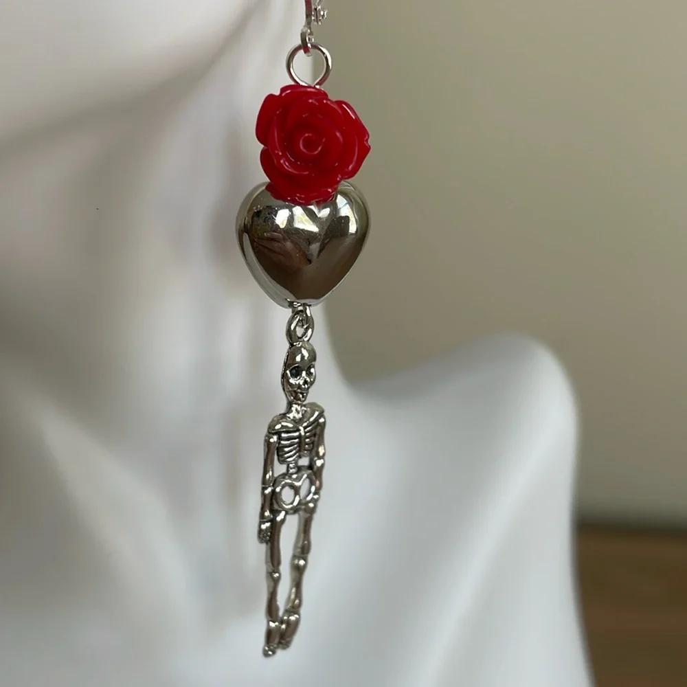 HAND CRAFTED SKELETON EARRINGS  Skeleton Charms  Hearts  Rose Beads